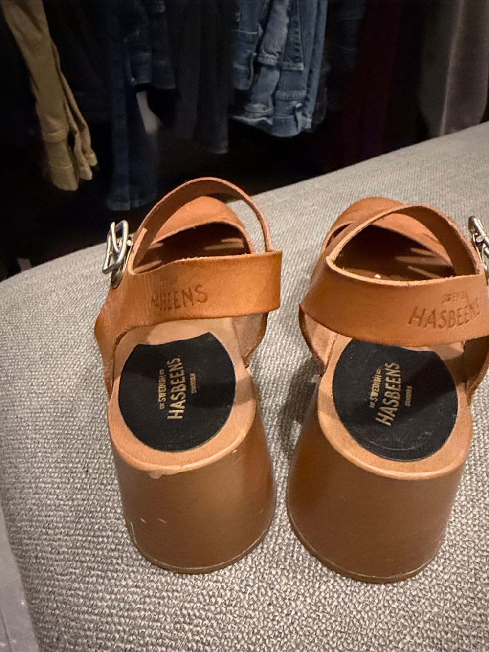 Swedish Hasbeens Tan Leather Slingback Clogs with Cutout Toe - Picture 5 of 6